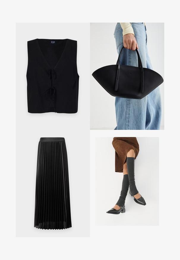 Čierny top bez rukávov s výstrihom do V, so zaväzovaním vpredu. Vyrobený z hladkej tkaniny s textúrovaným povrchom. Jednoduchý dizajn.; Záhybová čierna sukňa s hladkým pásom, vyrobená z ľahkého materiálu. Obsahuje ostré vertikálne záhyby a dizajn do polovice lýtok.; Čierne lakované kožené topánky s špicatou špičkou, blokovým podpätkom a členkovým remienkom, ktoré sú kombinované so šedými rebrovanými legínami a hnedou zamšovou sukňou.; Čierna kožená kabelka s jedinečným tvarom ventilátora, so plochými držadlami. Povrch má štruktúru s brúseným efektom a minimalistic design.