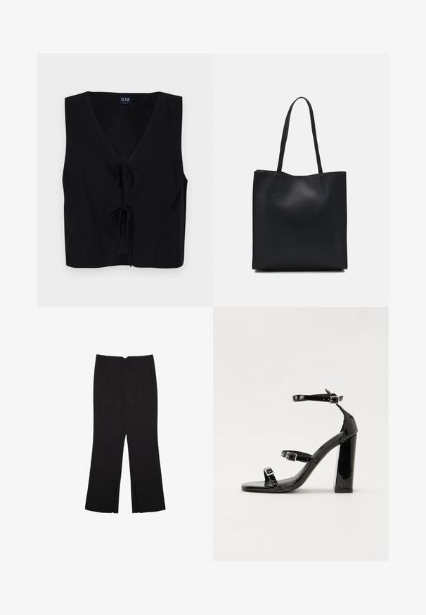 Top senza maniche nero con scollatura a V, caratterizzato da una chiusura sul davanti con un nodo. Realizzato in un tessuto liscio con una finitura strutturata. Design semplice.; Pantaloni neri a gamba dritta, con tasche frontali e spacchi laterali all'orlo. Realizzati in tessuto morbido e liscio. Adatti a diverse occasioni.; Sandali con tacco in vernice nera, con punta squadrata, cinturini alla caviglia e fibbie in argento. Presentano un tacco a blocco spesso per maggiore stabilità.; Borsa tote in pelle nera con texture liscia, forma rettangolare e due manici lunghi. Nessun hardware o decorazione visibile.