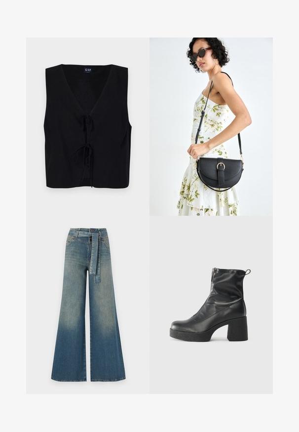 Top negro sin mangas con escote en V, con un cierre de lazo en el frente. Fabricado en un tejido suave con un acabado texturizado. Diseño sencillo.; Pantalones de mezclilla de pierna ancha con un degradado de azul claro a oscuro, cintura alta, trabillas para cinturón y un cinturón de tela a juego. Acabado de mezclilla texturizada.; Botines negros de tobillo, hechos de cuero suave, con cierre lateral, tacón grueso texturizado y diseño de punta redondeada.; Bolso de piel negra con forma curva, correa desmontable y herrajes dorados. El bolso cuenta con una solapa con un detalle de hebilla.