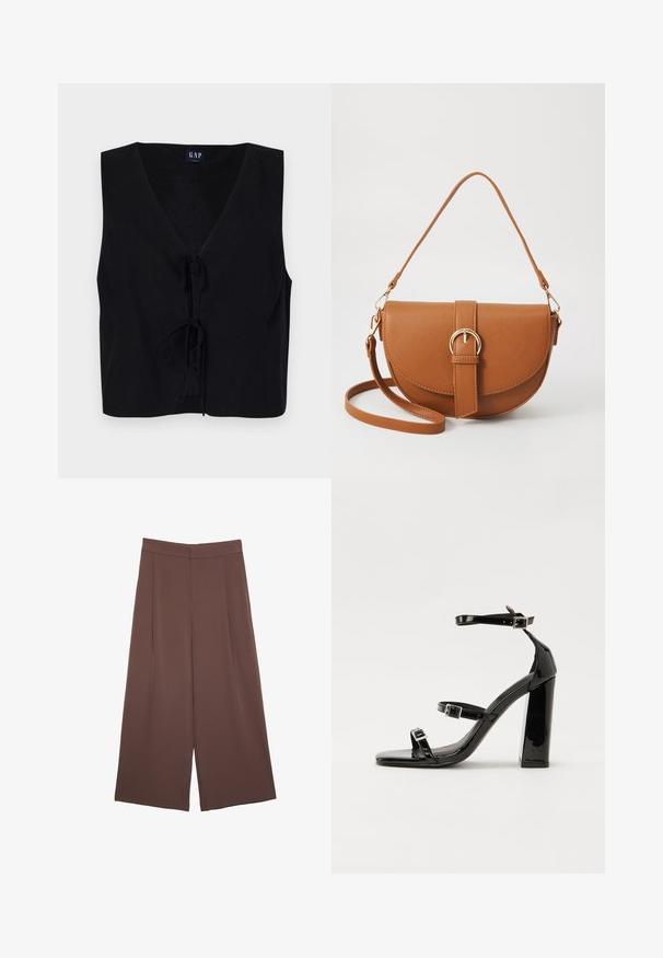 Črn brezrokavnik s V-izrezom, ki ima sprednje kravato. Narejen iz gladkega blaga z teksturiranim zaključkom. Enostavna oblika.; Rjave široke hlače z gladko teksturo, ki imajo visok pas in sprednje naborke. Tkanina je lahka in prosto pada.; Črne lakirane sandale s peto, kvadratnim prstom, trakovi okrog gležnja in srebrnimi zaponkami. Opremljene so s stabilno Debelo peto.; Rjava usnjena torbica prek telesa s ukrivljeno obliko, zlate opreme in sponko. Ima odstranljiv naramni trak.