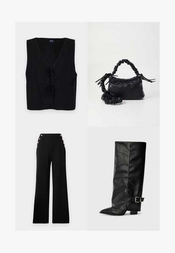 Black sleeveless top with a v-neckline, featuring a front tie closure. Made from a smooth fabric with a textured finish. Simple design.; Black high-waist wide-leg trousers with gold buttons along the front and pockets on both hips on a white background.; Black leather ankle-length boots with a pointed toe, smooth texture, and a silver buckle accent on the side. Chunky square heel.; Black faux leather handbag with a crocodile texture, cinched top, and a scrunched strap. Appears soft and compact in design.