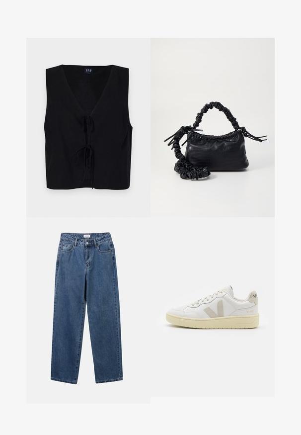 Czarny bezrękawnik z dekoltem w serek, z przednim zapięciem na kokardkę. Wykonany z gładkiego materiału o teksturowanym wykończeniu. Prosty design.; Klasyczne niebieskie dżinsy o prostym kroju, pięć kieszeni i zapięcie na guzik. Charakteryzują się średnim odcieniem i solidną teksturą.; Białe skórzane trampki z beżowymi zamszowymi akcentami, perforowanym noskiem, płaskimi sznurowadłami i teksturowaną kremową podeszwą. Posiadają subtelne logo na pięcie.; Czarna torebka z syntetycznej skóry o teksturze krokodyla, z zaciąganym górnym zamknięciem i marszczonym paskiem. Wygląda na miękką i zwartą w designie.