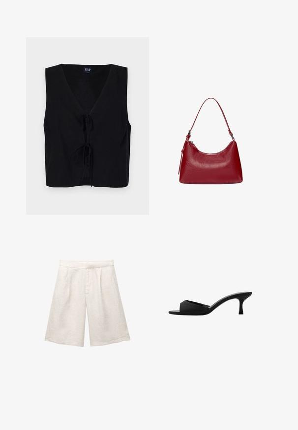 Crna bezrukavna majica s dekolteom u obliku slova V, s prednjim vezivanjem. Napravljena od glatkog materijala s teksturiranom završnom obradom. Jednostavan dizajn.; Bež lanene hlače s širokim nogavicama, s prednjim naberama i glatkim pojasom. Tkanina ima blago teksturiranu završnu obradu.; crne potpetice s otvorenim prstima i zakrivljenim gornjim dijelom. Izrađene su od teksturirane tkanine, s elegantnom potpeticom i glatkom đonom.; Crvena kožna torba preko ramena s zakrivljenim dizajnom, glatkom teksturom i zatvaranjem na patentni zatvarač. Ima tanku dršku za nošenje.
