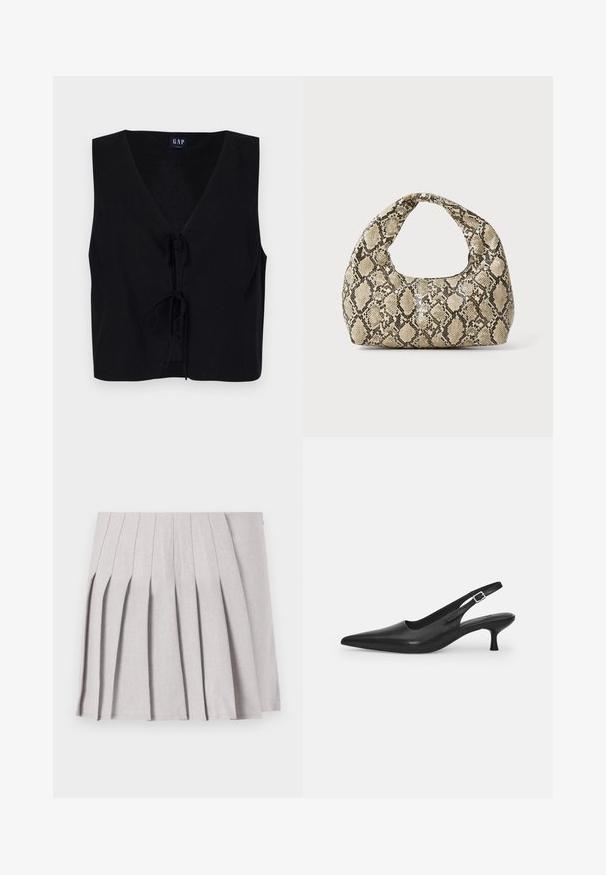 Crna bezrukavna majica s dekolteom u obliku slova V, s prednjim vezivanjem. Napravljena od glatkog materijala s teksturiranom završnom obradom. Jednostavan dizajn.; Siva plisirana suknja s glatkom teksturom, koja ima više okomitih nabora i usku liniju struka. Izrađena od lagane tkanine.; Crne kožne slingback cipele s oštrim nosom i uskim, zakrivljenim potplatom. Imaju diskretnu podesivu traku s metalnom kopčom.; Torba s uzorkom zmije s zakrivljenom drškom. Izrađena od teksturiranih materijala u bež i smešnim tonovima, sa karakterističnim dijamantnim uzorkom.