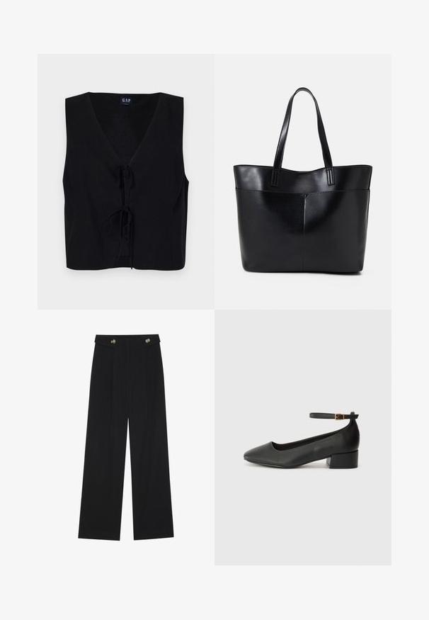 Juoda be rankovių palaidinė su V formos iškirpte, su priekiniais rišamaisiais užtrauktukais. Pagaminta iš lygaus audinio su tekstūriniu paviršiumi. Paprastas dizainas.; Juodi plačios kojos kelnės su aukštu liemeniu, sagų detalėmis ant liemens ir priekinėmis raukšlėmis.; Juodas odinis aukštakulnis batelis su smailiu pirštu ir žemu bloku. Su kulkšnies dirželiu su auksinės spalvos sagtimi. Lygus paviršius.; Juoda odinė rankinė su dviem ilgais diržais, lygiu paviršiumi ir struktūrizuota forma. Yra priekinė kišenė papildomam saugojimui.