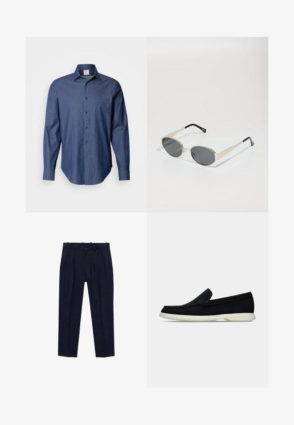 Camicia button-up blu scuro realizzata in tessuto con una sottile trama. Presenta un colletto a punta e maniche lunghe con polsini a bottone.; Pantaloni navy realizzati in tessuto liscio, con un fit leggermente sagomato, pieghe frontali, passanti per cintura e chiusura a un bottone.; Scarpa nera slip-on con punta arrotondata, caratterizzata da una tomaia texture, una suola bianca liscia e un discreto logo sul lato.; Occhiali da sole con lenti ovali grigie, montatura in metallo argento e dettagli neri sulle astine. Presentano un design elegante e hardware minimale.