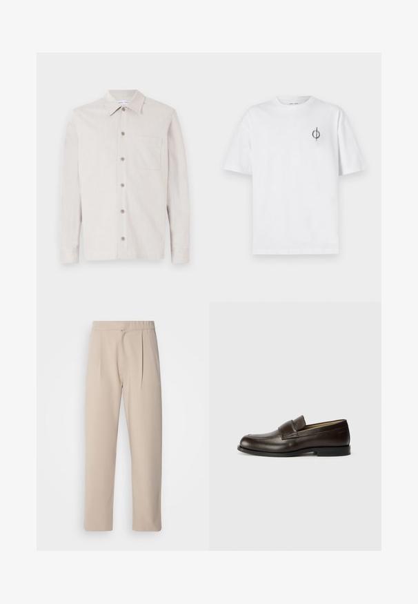 Chemise boutonnée de couleur beige clair avec un col, des manches longues, une poche poitrine et un tissu texturé. Présente six boutons sur le devant.; T-shirt en coton blanc avec une coupe décontractée, présentant un petit logo graphique noir sur le côté gauche de la poitrine. Manches courtes, col rond.; Pantalon plissé beige en tissu doux. Comprend une taille élastique, des jambes droites et une texture lisse. Sans poches ni accents.; Calvin Klein Chaussons - cocoa brown