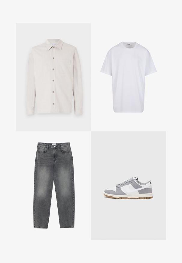 Lys beige skjorte med krave, lange ærmer, en brystlomme og tekstureret stof. Har seks knapper ned langs fronten.; Hvid bomulds t-shirt med korte ærmer, rund halsudskæring, afslappet pasform, og ingen synlige logoer eller mønstre. Glat tekstur og minimalistisk design.; Høj talje, løstsiddende jeans i falmet sort denim. Har fem lommer, bæltestropper og et rent, lige ben design.; Grå og hvid sneaker med en overdel i ruskind og læder, rund tå, flade snørebånd og en gummisål med en gummifarvet detalje.