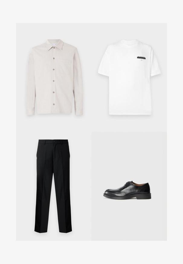 Chemise boutonnée de couleur beige clair avec un col, des manches longues, une poche poitrine et un tissu texturé. Présente six boutons sur le devant.; T-shirt en coton blanc avec un col rond, des manches courtes et un graphique noir minimaliste imprimé sur la poitrine. Texture douce et coupe standard.; Pantalon noir ajusté à coupe droite, comprenant une fermeture à bouton, une braguette zippée et des passants de ceinture. Tissu lisse avec poches latérales.; Chaussure de ville en cuir noir avec un bout arrondi, surface lisse, détails en dentelle et une semelle en caoutchouc texturée basse. Lignes épurées et design minimal.