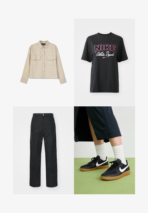 Beige skjorte med knappelukking, krage, lange ermer og to brystlommer. Har brodert logo og glatt, myk tekstur.; Svart bomulls T-skjorte med grafisk trykk i rosa og hvitt med teksten "JUST DO IT," "NIKE," og "Athletic Depart." Standard passform.; Svarte bukser med rett ben-design, laget av et strukturert stoff. Har dekorativt sølvtilbehør og unike sømdetaljer.; Sorte lær- og syntetiske joggesko med hvit Nike swoosh, gummisåle, rund tå og sorte lisser. Ribbet hvite sokker synlige.