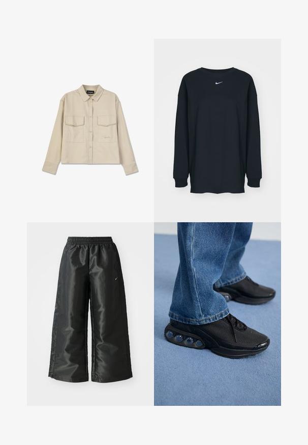 Béžová košeľa na gombíky s golierom, dlhými rukávmi a dvoma náprsními vreckami. Má vyšívané logo a hladkú, jemnú textúru.; Čierne tričko s dlhým rukávom z bavlny, s okrúhlym výstrihom. Na hrudi sa nachádza biele logo Nike. Jemná textúra, jednoduchý dizajn.; Čierne športové nohavice s lesklým, hladkým materiálom, ktoré majú elastický pás, široké nohavice a malé logo na ľavej strane.; Čierne atletické tenisky s vrchným materiálom z elastického sieťového textilu, s textúrovanými akcentmi a viditeľnými vzduchovými podložkami v podrážke. Nosené s modrými džínsami.