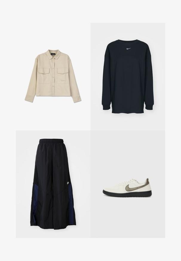 Beige színű, galléros, gombos ing, hosszú ujjakkal és két mellzsebbel. Hímzett logóval és sima, puha textúrával rendelkezik.; Fekete, hosszú ujjú pamut póló kerek nyakkivágással. Fehér Nike logó található a mellrészen. Puha tapintás, egyszerű design.; Fekete, bő szárú nadrág könnyű anyagból, tengerészkék oldalsó panellel és elasztikus derékkal. Kicsi fehér logó az alján.; Nike Sportswear FIELD GENERAL - Sportcipő - off-white/black