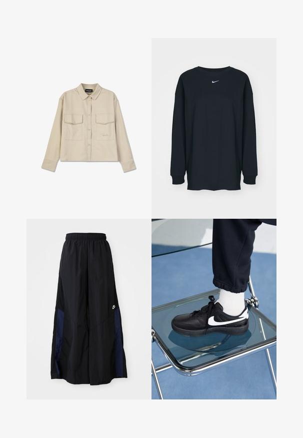 Beżowa koszula z guzikami, z kołnierzykiem, długimi rękawami i dwiema kieszeniami na piersi. Posiada wyszywane logo oraz gładką, miękką teksturę.; Czarna, długosleeve'owa koszulka z bawełny z okrągłym dekoltem. Posiada białe logo Nike na piersi. Miękka faktura, prosty design.; Czarne spodnie szerokie wykonane z lekkiego materiału, z granatowym bocznym panelem i elastycznym paskiem w talii. Małe białe logo na dole.; Czarne sneakersy Nike z białymi akcentami, charakteryzujące się gładką skórzaną teksturą, zawiązywaną konstrukcją i zaokrąglonym noskiem, umieszczone na szklanym krześle.
