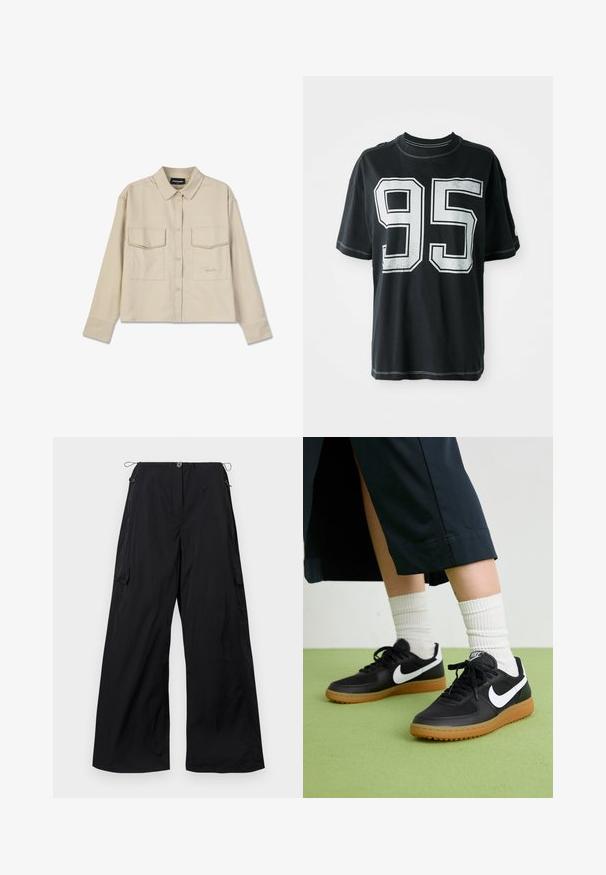 Beige button-up shirt with a collar, long sleeves, and two chest pockets. Features embroidered logo and smooth, soft texture.; Black cotton t-shirt with short sleeves, featuring white printed number "95" on the front and contrasting stitching along the edges.; Wide-leg black trousers made of lightweight fabric, featuring a button front, drawstring waistband, and side cargo pocket detail.; Black leather and synthetic sneakers with white Nike swoosh, rubber gum sole, round toe, and black laces. Ribbed white socks visible.