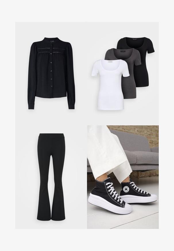 Černá blůza s dlouhým rukávem, límečkovým výstřihem, zapínáním na knoflíky, klikatými detaily pod yoke a nařasenými manžetami. Měkká texturovaná látka.; Tři přiléhavé trička v bílé, šedé a černé barvě. Každé má široký výstřih a krátké rukávy. Vyrobeno z hladké, pružné tkaniny.; Černé zvonové kalhoty vyrobené z elastického materiálu, s vysokým pasem a hladkou texturou. Kalhoty se rozšiřují od kolene.; Černé vysoké tenisky s bílými gumovými podrážkami a tkaničkami. Mají kulatou nášivku s logem a kontrastní bílé prošití. Materiál plátno.