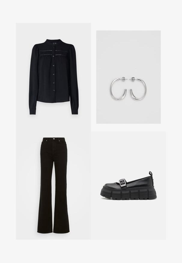 Melnā garo piedurkņu blūze ar apkakli, pogu priekšpusi, plīsumiem zem jūga un savelktām piedurknēm. Mīksta, teksturēta auduma.; Augstas jostas melni izplūduši džinsi, kas izgatavoti no denima, ar pogu aizdari, sānu kabatām un gludu tekstūru.; Melni platforma loafers ar noapaļotu purngalu, gludu ādas virsu, regulējamu sprādzi un teksturētu gumijas zoli ar horizontālām ribām.; Sudraba stīpas auskari ar gludu, spīdīgu virsmu, izceļas ar izliektaveida formu un aizdari ar tapu. Minimālistisks dizains ar mūsdienīgu apdari.