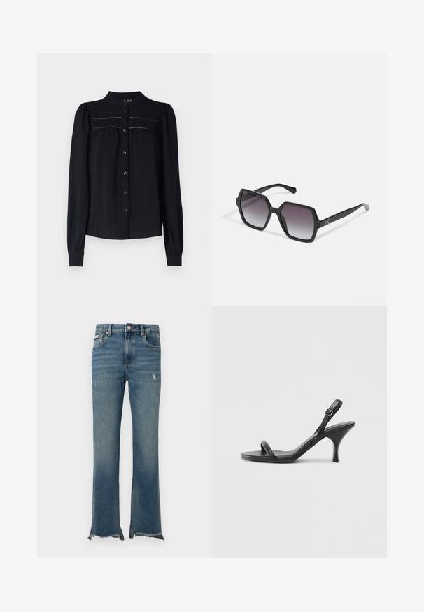 Melnā garo piedurkņu blūze ar apkakli, pogu priekšpusi, plīsumiem zem jūga un savelktām piedurknēm. Mīksta, teksturēta auduma.; Zilas džinsa bikses ar vieglu nolietojumu, neapstrādātiem plēstiem apmales galiem, priekšējām kabatām, jostas cilpām un pogas aizdari.; Melnas ādas augstpapēžu sandales ar plānu, izliekta formas papēdi un krustenisku siksnu dizainu. Regulējama potītes siksna. Gluda tekstūra.; Melnas sešstūra saulesbrilles ar gradienta lēcu, ar spīdīgu apdari un nedaudz redzamu zīmolu uz tempļa. Izturīga plastmasas konstrukcija.