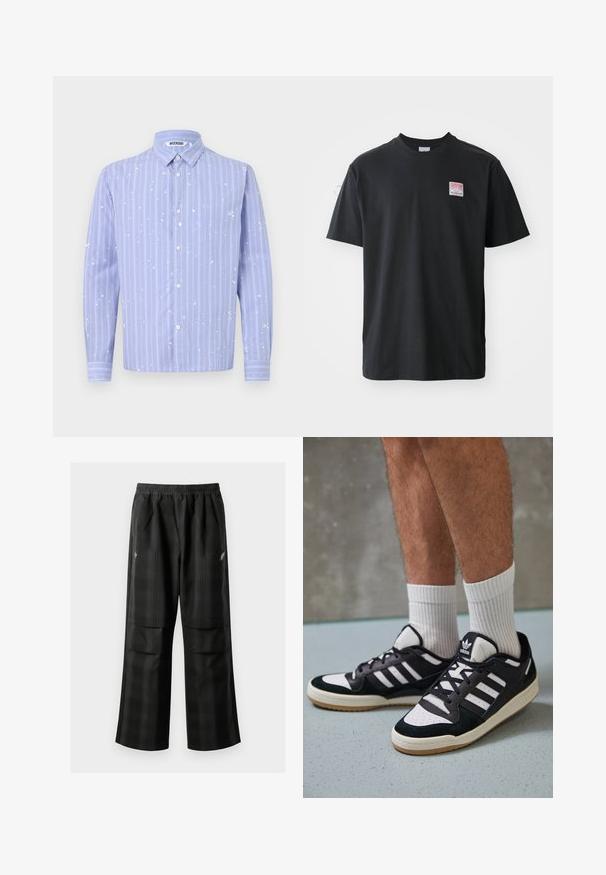 Világoskék gombos ing fehér függőleges csíkokkal és festékfröccsölt részletekkel. Gallérral és hosszú ujjakkal rendelkezik.; Fekete pamut póló kerek nyakkal, rövid ujjakkal és egy kis színes címkével a bal mellrészen, amelyen a "SUPERIOR" szó szerepel.; Fekete kockás nadrág, rugalmas derékkal, két elülső zsebbel és laza, egyenes szárú fazonnal. Könnyű anyagból készült.; Fekete-fehér tornacipők velúr és bőr felsőrésszel, három fehér csíkkal, perforált orral és gumi talppal.