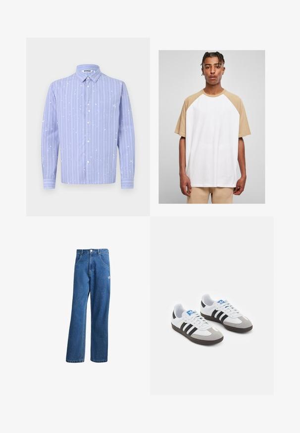 Camicia button-up azzurro chiaro con strisce verticali bianche e dettagli di spruzzi di vernice. Presenta un colletto e maniche lunghe.; Maglietta bianca a maniche corte con maniche raglan color beige. Tessuto liscio, vestibilità ampia e design con collo girocollo, con orlo dritto nella parte inferiore.; Jeans di denim a vita alta e gamba larga blu, con tasche frontali, passanti per cintura, chiusura a bottone e piccolo logo Adidas sulla coscia destra.; Scarpe sportive con tomaia in pelle bianca, punta in suede grigia e tre strisce nere. Presentano un logo blu sulla linguetta e una suola in gomma testurizzata.