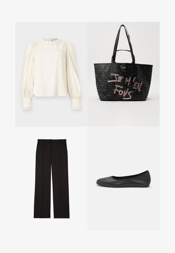 Crème blouse met hoge ruches hals, complexe kantdetails, geplooide voorkant en pofmouwen. Manchetten hebben verticale strepen en kantafwerking.; Zwarte op maat gemaakte broek van een gladde stof, met een rechte pijp en twee zijzakken. Elegante en minimalistische constructie.; Zwarte leren ballerina met een ronde neus, gladde textuur, minimale stikdetails en een flexibele zoolontwerp.; Zwarte tote bag van gestructureerd materiaal met een diamanten patroon, schouderbanden en vetrode en witte tekst met de tekst "JE M'EN FOUS."