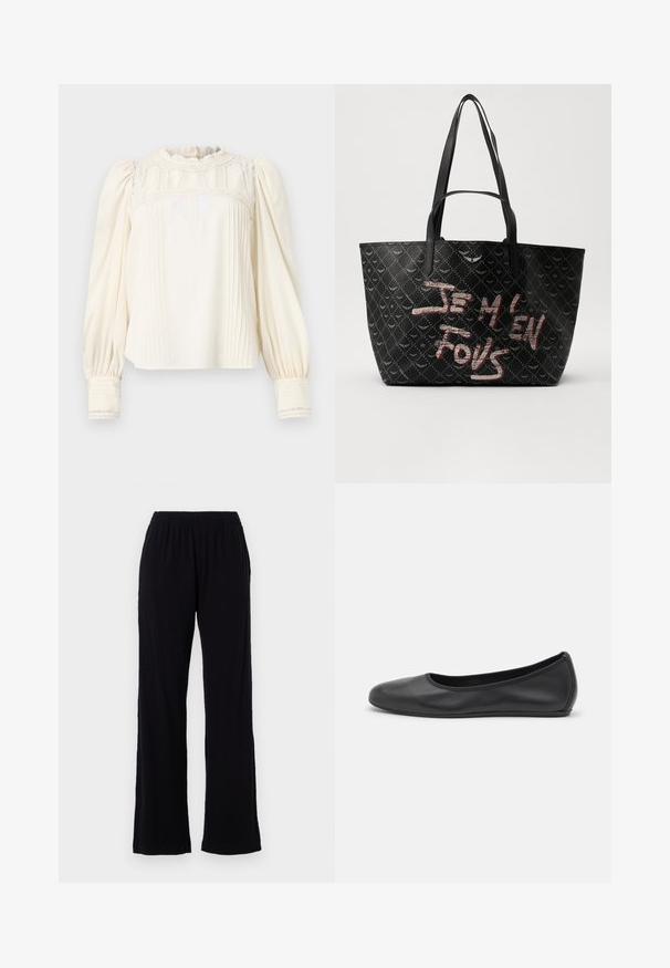 Blouse crème avec un col haut à volants, des détails en dentelle élaborés, un devant plissé et des manches bouffantes. Les poignets présentent des rayures verticales et une bordure en dentelle.; Pantalons légers, noirs, avec une taille élastique et une coupe droite. Texture douce sans motifs ni accents visibles. Style simple et polyvalent.; Ballerines en cuir noir avec un bout rond, texture lisse, détails de couture minimalistes et design de semelle flexible.; Sac fourre-tout noir en matériau texturé arborant un motif en losanges, avec des bretelles et un texte rouge et blanc audacieux inscrivant "JE M'EN FOUS."