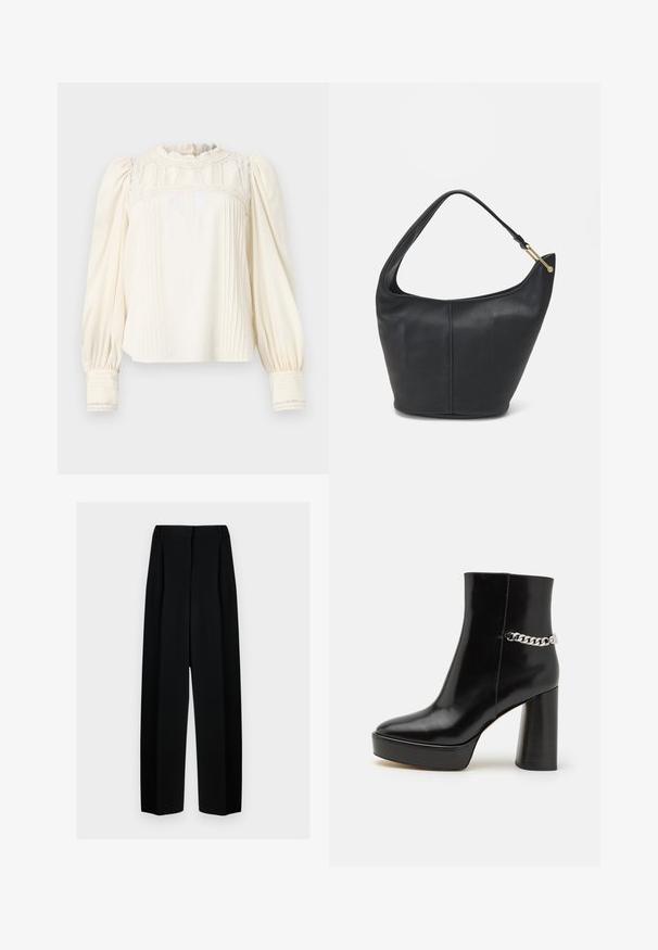 Kreemine pluus kõrge volangkaelusega, keeruka pitsiga kaunistusega, pleedi ees ja puhv-sifonki varrukatega. Varrukaotsad on kaunistatud vertikaalsete triipudega ja pitsäärisega.; Mustad laiad püksid kõrge vöökohtaga, millel on voldid ja sujuv tekstuur. Kanga välimus on kerge ja see ripub elegantselt.; Mustad nahast pahkluu saapad, millel on paks platvorm ja kõrge plokk-kand. Ettevaatlikult kaunistatud hõbedase kettiga külgedel. Siledad pinnad.; Musthave musta nahast käekott ümarate servadega, laia rihmaga ja tekstureeritud pinnaga. Omab peenelt õmblust detailina ning kullatooni aksessuaare.