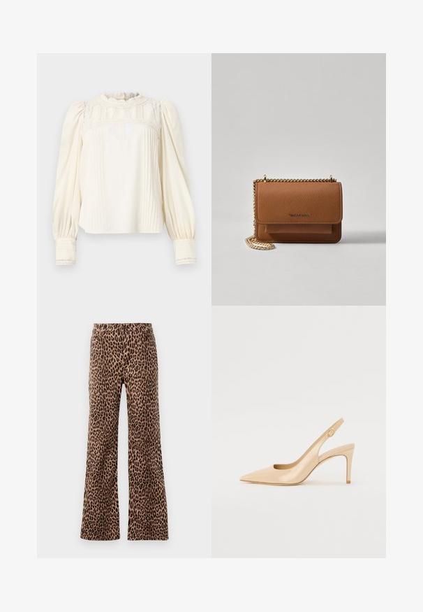 Krema bluzka z visokim nabranim ovratnikom, zapletenimi čipkastimi podrobnostmi, nabranim sprednjim delom in napihnjenimi rokavi. Manšete krasijo vertikalne proge in čipkast rob.; Hlače širokega kroja z leopardjim vzorcem v bež in črni barvi, z gladko teksturo in ožjim robom. Oblikovana z običajno elastiko in žepi.; Nude lakirane sandale na peto s oštrim nosom, odprtim vampom in tankim stiletto petom. Opremljene so s krožno zlatno dekoracijo na trakcu.; Rjava teksturirana usnjena torba čez ramo z zlatim verižnim trakom in zapiranjem na pokrov. Spredaj je vidna podrobnost logotipa in žep pod pokrovom.