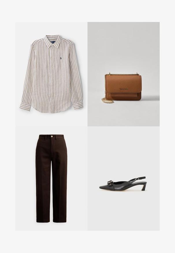 Cămașă cu mânecă lungă, dungată, albă și bej, cu guler butonabil, având un mic logo pe piept și dungi contrastante la mansete.; Pantaloni maro închis cu croială dreaptă, cu nasture și fermoar, cu bucle pentru curea și buzunare frontale, pe un fundal alb.; Pantofii negri din piele cu toc mic, vârf ascuțit și detaliu decorativ cu cataramă pe partea superioară. Textură netedă, design minimal.; Geantă crossbody din piele texturată maro, cu curea din lanț aurit și închidere cu clapetă. Partea din față prezintă detalii cu logo și o buzunar sub clapetă.