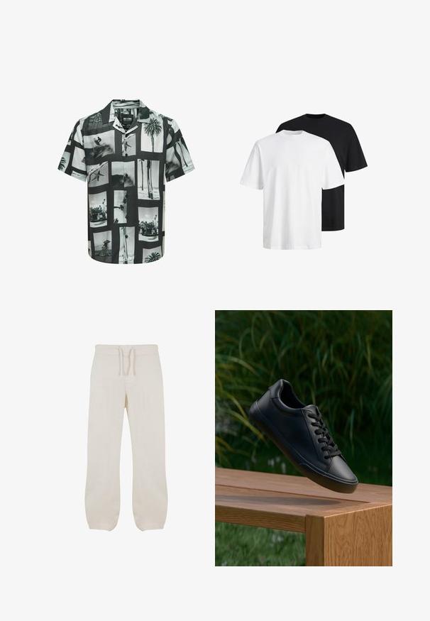 Lyhythihainen paita, jossa on mustavalkoinen valokuvakollaasi. Edessä napit ja leirikenta. Valmistettu kevyestä kankaasta.; Kaksi lyhythihaista t-paitaa: yksi valkoinen ja yksi musta. Molemmissa on pyöreä kaula-aukko ja sileä puuvillakangas.; Vaaleanbeige pellavahousut, joissa on joustava vyötärö ja kiristysnyöri. Suora lahje, jossa on sileä pinta ja pieni kapeneminen nilkoissa.; Musta nahkakengät, joissa on sileä pinta, pyöreä kärki ja litteät nauhat, aseteltu puupinnan ylle, taustalla vihreää ruohoa.