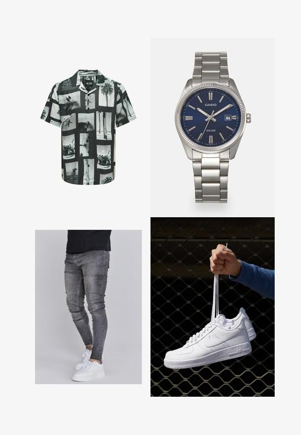 Korte mouwen overhemd met een zwart-wit foto collage print. Voorzien van knopen aan de voorkant en een camp kraag. Gemaakt van lichtgewicht stof.; Skinny jeans in vervaagd grijs denim, met versleten details op de knieën, gecombineerd met witte sneakers. Gladde textuur, slank model.; Witte leren sneakers met perforaties, ronde neus, vlakke zool en dikke veters, met een zichtbare swoosh-logo en "AIR" op de hiel.; Zilveren roestvrijstalen horloge met een marineblauwe wijzerplaat, metalen uurmarkeringen en een datumnis op 3 uur. Waterbestendig tot 50 meter.