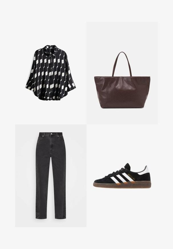 Camicia a righe bianco e nero con colletto, fronte a bottoni, maniche a tre quarti e tessuto liscio e leggero. Vestibilità regolare.; Jeans in denim nero a gamba dritta con vita alta, bottone e cerniera frontali, e cinque tasche su uno sfondo bianco.; Sneaker Adidas nere con strisce bianche, testo "Spezial" dorato, suola in gomma e tab sul tallone bianco, mostrato in veduta laterale.; Borsa tote in pelle intrecciata marrone con due manici, dalla forma strutturata e superficie texturizzata, caratterizzata da un motivo a diamante in tutto il suo corpo.