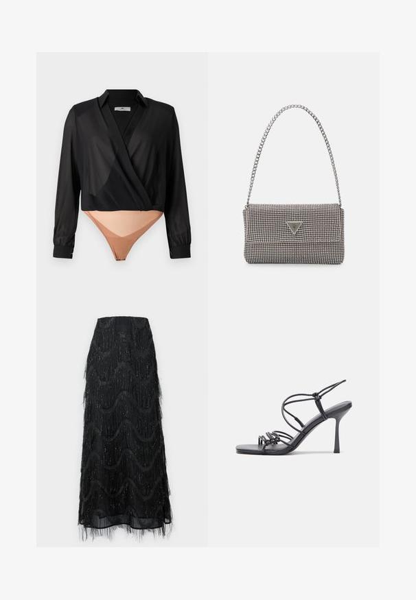 Fekete áttetsző blúz hosszú ujjakkal, bézs testharisnyával párosítva. Gombnyak és szűkített mandzsetta jellemzi. Sima textúra.; Fekete midi szoknya, réteges fránkkal és hullám mintázattal. Átlátszó anyagból készült, csillogó részletekkel az élein.; Fekete magas sarkú szandálok vékony pántokkal, csomózott mintával, sima négyzetes orral és karcsú stiletto sarkal rendelkeznek.; Világosszürke fémes kézitáska lánc pánttal, kis kör alakú fém kifinomult díszítéssel és háromszög alakú márkagéppel.; Ezüst karika fülbevalók sima, fényes felülettel, ívelt formával és postazáras zárral. Minimalista, modern kivitel.