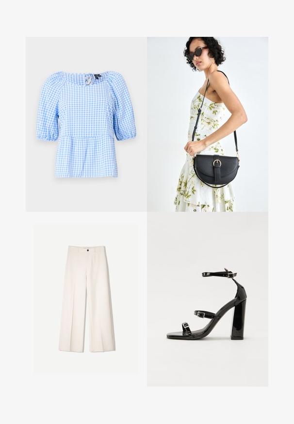 Blå och vit rutigt blus, med en samlad halsringning och korta puffärmar, med peplumsläp och en nyckelhålsdetalj bak.; Krämfärgade byxor med vida ben och skräddarsydd design, med två framfickor och en enda knappstängning fram, tillverkade av ett smidigt tyg.; Svarta lackerade klacksandaler med fyrkantig tå, ankelremmar och silverfärgade spännen. Har en kraftig blockklack för stabilitet.; Svart läderhandväska med en böjd form, avtagbar rem och guldiga detaljer. Väskan har ett lock med en spänndetalj.