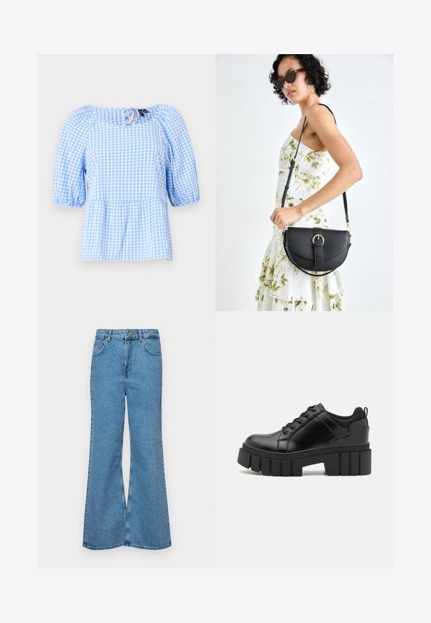 Kék és fehér kockás blúz, ráncolt nyakkivágással és rövid puffujjakkal, peplum alsó résszel és kulcslyuk hátkivágással.; Világoskék, trapézszárú farmernadrág, magas derékkal, öt zsebbel és egy gombos záródással. Puha tapintású, magasított effektusú anyag.; Fekete bőr platform cipők vaskos blokk sarkakkal, kerek orral és hagyományos fűzős kialakítással. Simára csiszolt felület és minimális részletezés jellemzi.; Fekete bőrtáska ívelt formával, levehető pánttal és arany színű fémrészekkel. A táskán egy csattal díszített fedél található.