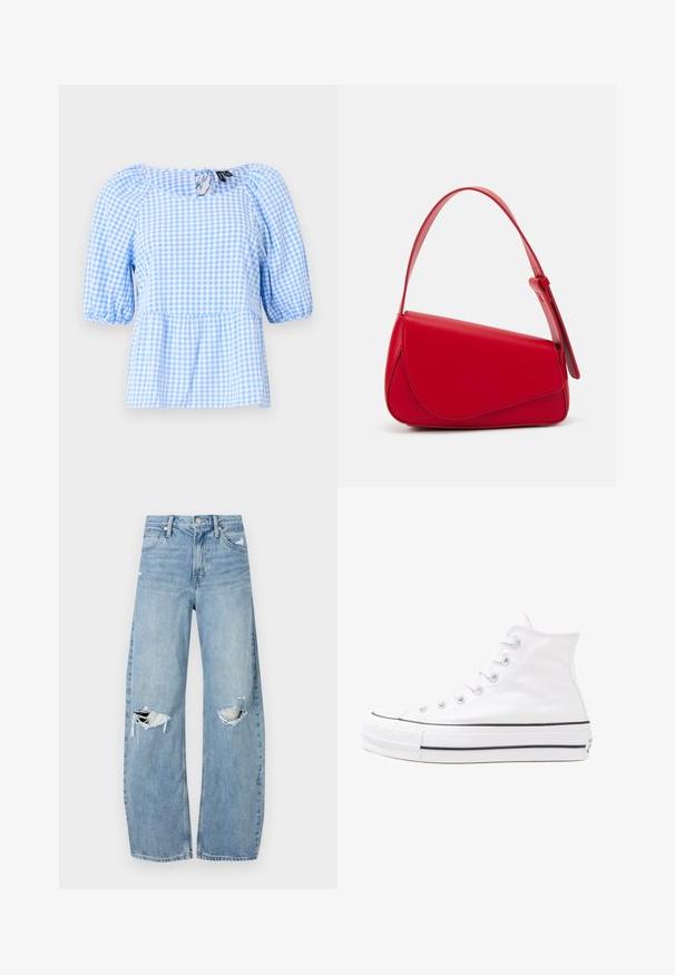 Blå och vit rutigt blus, med en samlad halsringning och korta puffärmar, med peplumsläp och en nyckelhålsdetalj bak.; Ljusblå, högmidjade jeans i denim. Har vida ben, två slitna knäområden och klassisk femfickedesign.; Vit hög topp canvas sneaker med svart gummisulan, framsidan gummitåhätta och sex öglor för snören, med en ren, minimalistisk design.; Röd läderhandväska med en vinkelrät, geometrisk design. Har ett justerbart axelband och en klaffstängning med sydda detaljer.