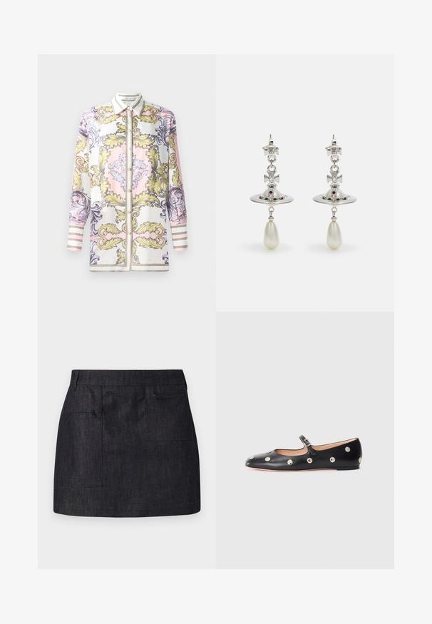 Chemise boutonnée à manches longues présentant un motif baroque rose, jaune et violet, avec un col blanc contrastant et des poignets rayés.; Jupe en denim foncé avec une coupe droite, dotée de deux poches avant et d'une texture subtile. Ourlet net et design de taille standard.; Chaussure plate en cuir noir type Mary Jane avec un bout arrondi, ornée de clous ronds en argent et dotée d'une sangle réglable avec une boucle.; Boucles d'oreilles en argent avec un anneau circulaire, ornées de pierres étincelantes et d'un pendentif en forme de goutte de perle. Design distinctif avec des accents complexes.