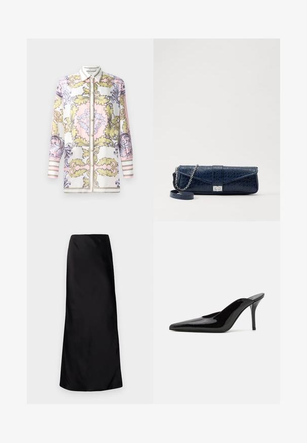 Koszula z długim rękawem zapinana na guziki, z różowym, żółtym i purpurowym wzorem barokowym, z kontrastowym białym kołnierzykiem i prążkowanymi mankietami.; Norma Kamali - Długa spódnica; Czarne lakierowane mule na wysokim obcasie z wąskim noskiem i elegancką sylwetką, charakteryzujące się otwartym tyłem i smukłym szpilką.; Granatowa skórzana kopertówka o strukturze krokodyla, z srebrnym łańcuszkiem i metalowym zapięciem. Prostokątny kształt z zapięciem na klapkę.