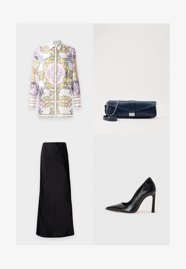 Camicia button-up a maniche lunghe con un motivo barocco in rosa, giallo e viola, dotata di un colletto bianco a contrasto e polsini rigati.; Norma Kamali BIAS OBIE SKIRT - Gonna lunga - black; Scarpa nera con punta a punta alta in pelle di coccodrillo, caratterizzata da un design elegante, alto tacco a spillo e interno nero liscio.; Clutch in pelle blu navy con texture a coccodrillo, tracolla in catena argentata e chiusura metallica. Forma rettangolare con design pieghevole.