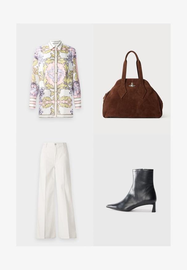 Chemise boutonnée à manches longues présentant un motif baroque rose, jaune et violet, avec un col blanc contrastant et des poignets rayés.; Pantalons blancs à jambes larges en coton avec une texture douce. Comprend un bouton à l'avant, une fermeture éclair et un design à quatre poches.; Bottine en cuir noir avec un bout pointu et un design épuré. Présente un petit talon et une fermeture éclair à l'arrière. Texture lisse.; Sac à main en daim marron avec une forme structurée, un corps arrondi et des poignées allongées en forme de diamant. Il dispose d'une fermeture en métal argenté.