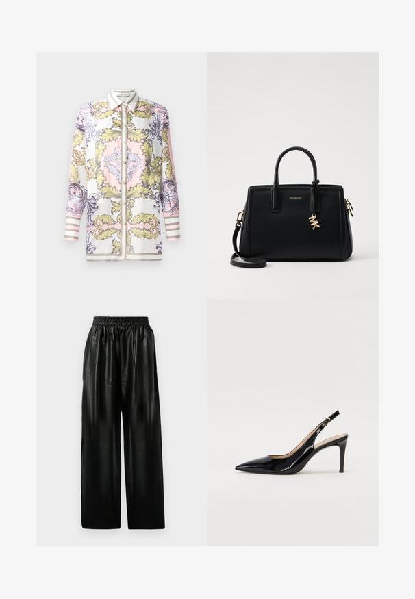 Ilgi piedurkņu pogtuvs krekls ar rozā, dzeltenu un purpursarkanu baroka rakstu, ar kontrastējošu balto apkakli un svītrainām aprocēm.; Melna ādas plata kāju bikses ar elastīgu jostu, ar divām sānu kabatām un gludu, spīdīgu tekstūru.; Melnas lakotās ādas slingback kurpes ar izteiktu degunu, šauru papēdi un smalku izgriezumu dizainu. Siksniņai ir zelta sprādze.; Melnas ādas rokas soma ar strukturētu dizainu, dubultiem augšējiem rokturiem, noņemamu plecu siksnu, zelta aparatūru un logo piekariņu akcentu.