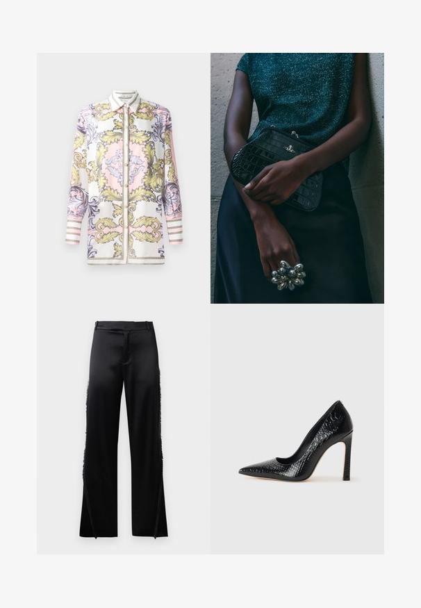 Ilgi piedurkņu pogtuvs krekls ar rozā, dzeltenu un purpursarkanu baroka rakstu, ar kontrastējošu balto apkakli un svītrainām aprocēm.; Melnas satīna bikses ar platām kājām, ar frēzi detaļām gar sānu šuvēm un plakanu priekšējo jostas daļu. Vienkārša aizmugure bez kabatām.; Melni augstpapēžu apavi ar norādītu purngalu, ar krokodila ādas tekstūru, izceļoties ar elegantu dizainu, augstu stiletto papēdi un gludu melnu interjeru.; Melna krokodilā ādas raksta rokassoma ar sudraba detaļām, turēta pretī tekstūrētai pelēkai fona. Iespējo spīdīgu virsmu.