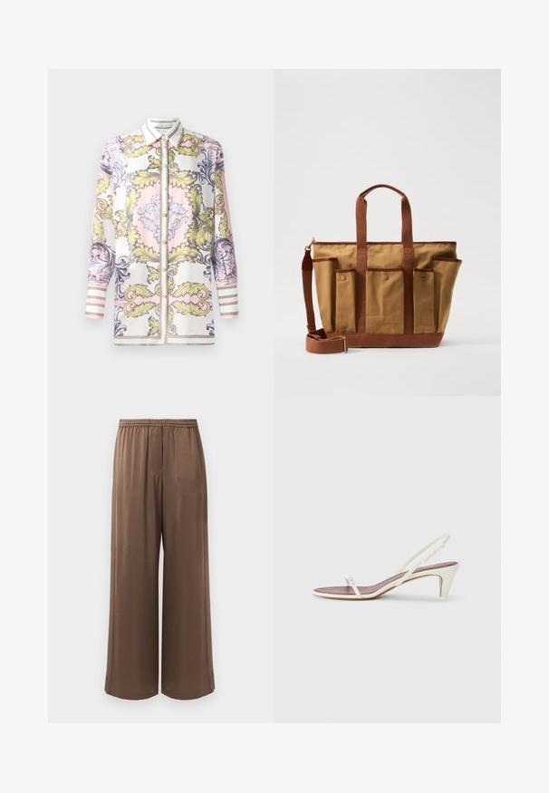 Chemise boutonnée à manches longues présentant un motif baroque rose, jaune et violet, avec un col blanc contrastant et des poignets rayés.; Pantalons larges marron avec ceinture élastique et tissu doux, présentés sur un fond blanc uni.; Sandales blanches à talon léger avec des fines lanières et une texture en cuir lisse ; elles sont dotées d'une petite boucle décorative.; Vanessa Bruno CABAS MULTIPOCH - Cabas - capuccino