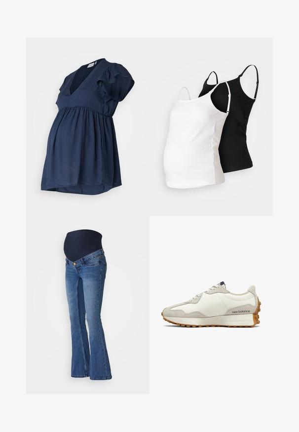 Jūras zila grūtniecības blūze ar īsām volānu piedurknēm, V veida izgriezumu un savākta impērijas josta komfortam un stilam. Gluda, viegla auduma.; Divi grūtniecības topi ar piedurknēm melnā un baltā krāsā, izgatavoti no mīksta auduma, ar regulējamām siksnām un pieguļošu dizainu, lai pielāgotos augošai vēderam.; Grūtniecības platas kājas džinsi vidēji zilā džinsā, ar tumši zilas stiepjamas jostasvietas daļu un diviem priekšējiem kabatām ar sudraba pogu dekoru.; Baltas un beige sporta apavi ar gludu ādas virsu, zamšādas akcentiem, noapaļotu purngalu un raupju gumijas zoli. Zīmola nosaukums drukāts uz sāniem.