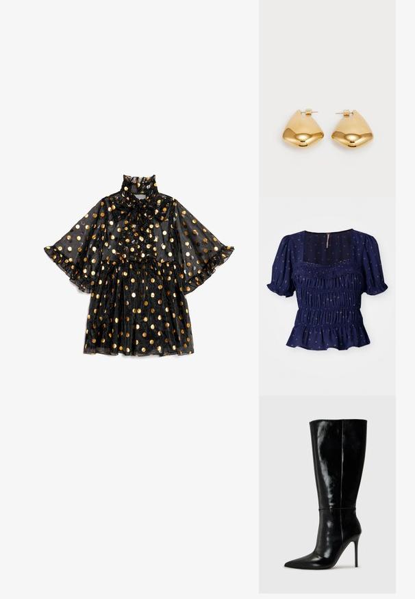 Marineblaue Bluse mit kurzen Puffärmeln, geschmiegtem Design und floralem Muster. Verfügt über einen quadratischen Ausschnitt und einen Rüschensaum.; Schwarzes transparentes Kleid mit hohem Kragen und Schleifen-Detail, verziert mit goldenen Punkten, ausgestellten Ärmeln und einem mehrlagigen Rüschensaum.; Schwarze Leder-Knielange Stiefel mit spitzem Schuh und hohem Stiletto-Absatz. Glatte Textur und elegantes Design, das sich durch minimale Details auszeichnet.; Goldene Clutch mit glatter, metallischer Oberfläche, rechteckiger Form und einem einfachen Druckverschluss. Keine sichtbaren Muster oder Dekorationen.; Goldfarbene Metallohrringe in einer glatten, abgerundeten dreieckigen Form mit Steckverschluss; reflektierende Oberfläche mit minimaler Detailarbeit.