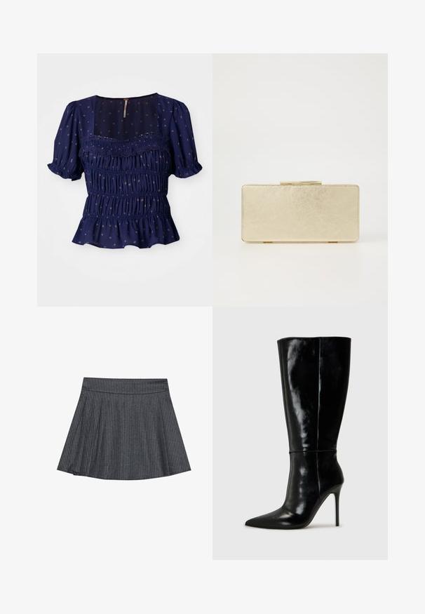 Granatowa bluzka z krótkimi bufkami, zdobiona marszczeniem i kwiatowym wzorem. Posiada kwadratowy dekolt i falbaniasty dół.; Szara spódnica w stylu skater z pinstripem, z dopasowanym pasem, w kształcie rozkloszowanej litery A oraz miękką fakturą materiału. Pionowe linie zwiększają zainteresowanie wizualne.; Czarne skórzane wysokie buty za kolano z ostro zakończonym noskiem i wysokim obcasem w kształcie szpilki. Gładka tekstura i smukły design, z minimalnymi detalami.; Złota torebka kopertówka o gładkim metalicznym wykończeniu, prostokątnym kształcie i prostym zapięciu na zamek. Brak widocznych wzorów lub dekoracji.; Złote metalowe kolczyki w gładkim, zaokrąglonym trójkątnym kształcie i projekcie z zapięciem na sztyft; odbijająca powierzchnia z minimalnymi detalami.