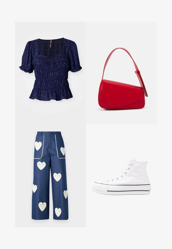 Temno modra bluzica s kratkimi napihnjenimi rokavi, nabranim dizajnom in cvetličnimi vzorci. Ima kvadratni izrez in nabran rob.; Sister Jane HEART TO HEART - Ravne kavbojke - blue denim; Beli visoki platneni športni čevelj z črnim gumijastim podplatom, sprednjim gumijastim zaščitnikom za prste in šestimi luknjicami za vezalke, ki se ponaša s preprostim, minimalističnim dizajnom.; Rdeča usnjena torba z angularnim, geometrijskim dizajnom. Ima en samostoječ nastavljiv ročaj in pokrov, zaprt z zapiranjem, ki je okrašen s šivi.