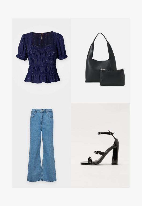 Blusa blu navy con maniche corte a sbuffo, design arricciato e motivi floreali. Presenta un collo quadrato e un orlo arricciato.; Jeans svasati di un blu chiaro, realizzati in denim, con vita alta, cinque tasche e chiusura a un bottone. Morbido al tatto con una finitura scolorita.; Sandali con tacco in vernice nera, con punta squadrata, cinturini alla caviglia e fibbie in argento. Presentano un tacco a blocco spesso per maggiore stabilità.; Even&Odd SET - Borsa a mano - black