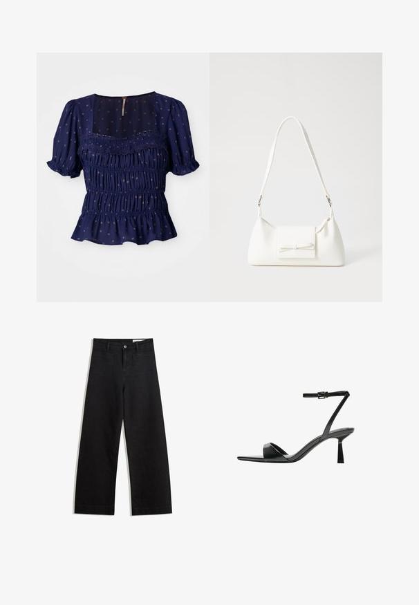 Sötétkék blúz rövid puffos ujjakkal, smocked mintázattal és virágmintákkal. Négyzet alakú dekoltázzsal és fodros aljjal rendelkezik.; Fekete, bő szabású farmernadrág magas derékkal, elülső és hátsó zsebekkel, varrott felületekkel és gombos záródással. Sima textúra.; Bershka Magas sarkú szandálok - black; Fehér szintetikus kézitáska, háromszög alakú, lapos előlap, masni részlettel, állítható pánttal, sima textúrával és minimalista dizájnnal.
