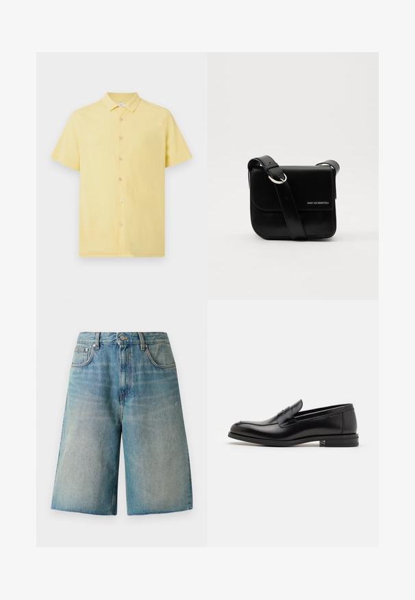 Trumpas rankovėmis geltonas marškinis su tekstūruota medžiaga, priekyje užsegamas mygtukais, su klasikiniu apykakliu. Savybėje šviesios spalvos mygtukai kontrastui.; Balta medvilninė be rankovių marškinėlių su apvaliu kaklu. Lygus paviršius ir tiesus pjūvis, be raštų ar puošmenų.; Šviesiai mėlyni džinsiniai šortai su tiesiu kirpimu, aukštu liemeniu ir ištrintais kraštais. Yra penki kišenės ir užsegimas priekyje.; Juodos odinės loafers, turinčios lygų paviršių, apvalią noselę ir dekoratyvinę juostą per priekinę dalį. Žemas krentantis kulnas, minimalistinis dizainas.; WANT Les Essentiels ARCH CROSSBODY UNISEX - Rankinė per petį - black