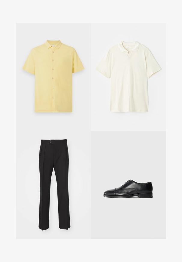 Žlutá košile s krátkým rukávem, texturovaná látka, zapínání na knoflíky vpředu a klasický límec. Obsahuje světle zbarvené knoflíky pro kontrast.; Krémové polo tričko s klasickým límečkem, krátkými rukávy a jemným V- výstřihem. Hladká textura a minimalistic design.; Černé upravené kalhoty s rovnými nohavicemi, dvěma předními kapsami a zapínáním na dvojnásobný knoflík v pase. Hladký textilní materiál.; Černá kožená společenská obuv s oblým špičkou, hladkým povrchem, šněrovacím designem a jemným švem, s nízkým plochým podpatkem.